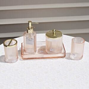 Apothecary Home Bathroom 5 Pc Colored Glass Accessory Collection Peachy Gold